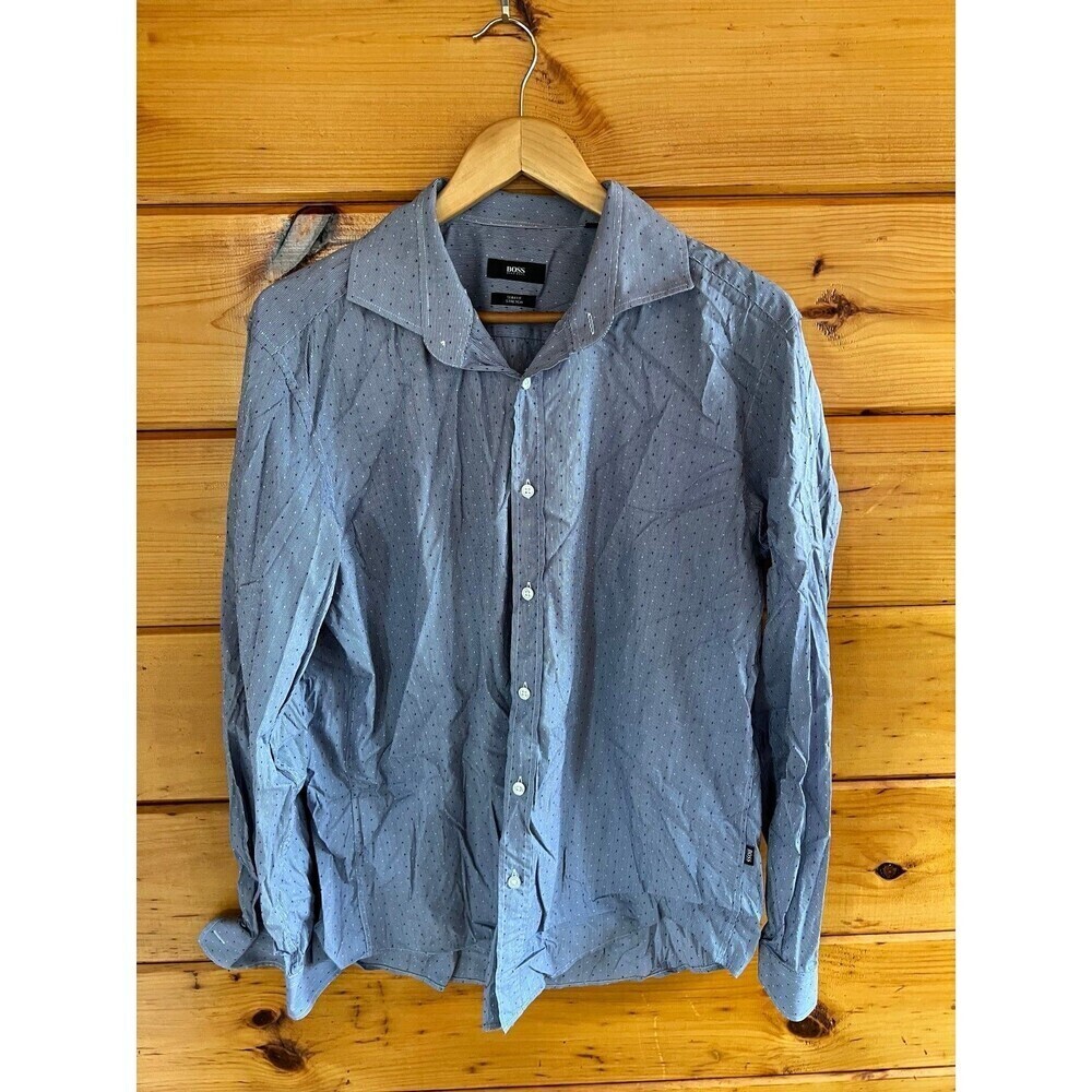 HUGO BOSS Slim Fit Stretch Fit Men’s Polka White Blue Button Down Shirt  XL
